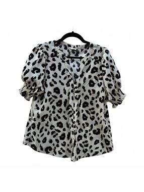 Jodifl Animal Print Puff Short Sleeve Open Neck Blouse | Size Medium